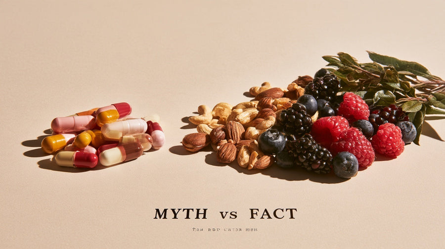 Supplement capsules beside whole foods, representing gut health myth versus fact | Gutsi