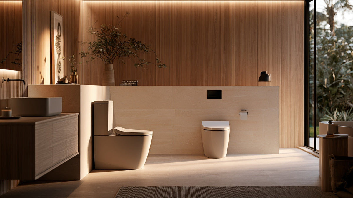 Sleek modern bathroom with soft morning light, representing the next generation of passive health tracking | Gutsi