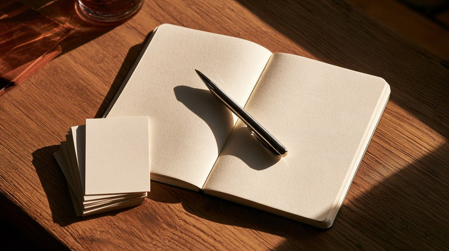 Open blank notebook and pen on a wooden desk, representing a reference guide to gut health terms | Gutsi