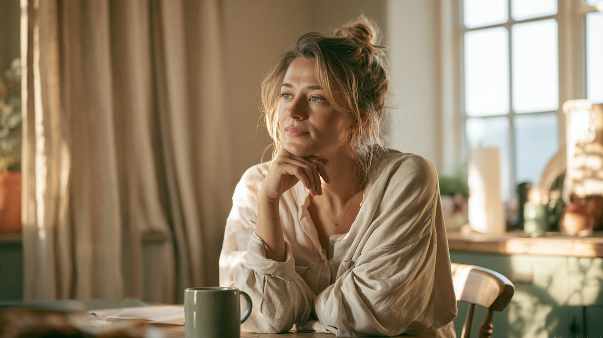 Woman pausing thoughtfully at a kitchen table with a mug, checking in with herself about her digestion | Gutsi