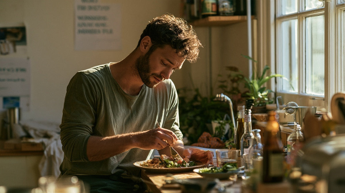 Man pausing thoughtfully over a meal at a kitchen counter, wondering if a food agrees with him | Gutsi