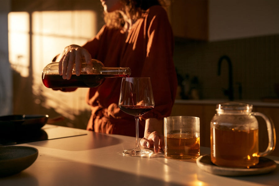 Woman replacing wine with herbal tea in a warm kitchen, representing alcohol and gut health | Gutsi