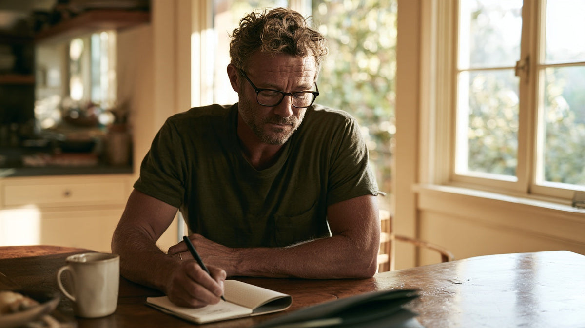 Man journaling at a wooden table with morning coffee, representing a 30-day gut health tracking challenge | Gutsi