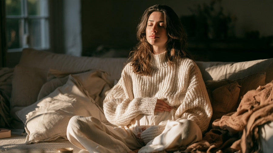 Woman relaxed on a sofa with a hand resting on her stomach, representing IBS symptom awareness | Gutsi