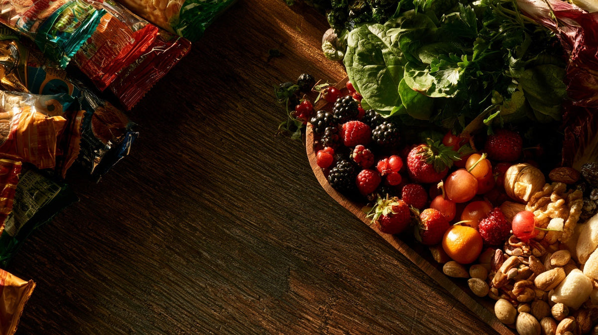 Overhead still life contrasting packaged snacks with fresh whole foods, representing ultra-processed foods and gut health | Gutsi