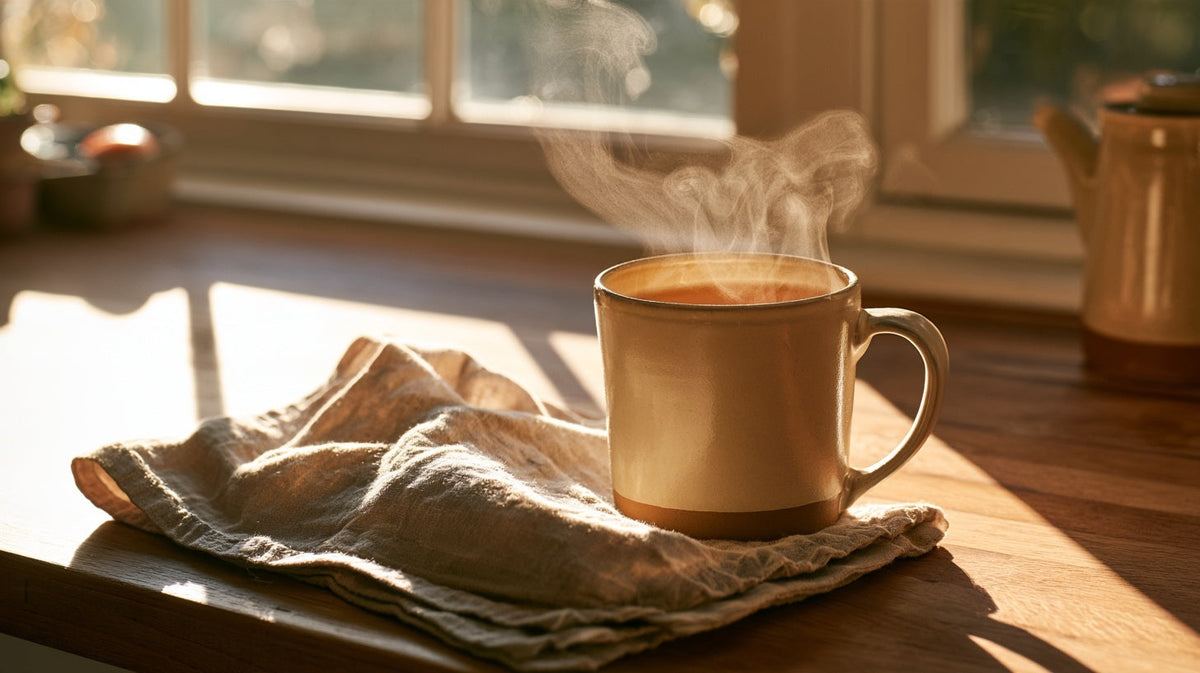 Steaming mug of tea in a sunlit kitchen, gut health and stress | Gutsi