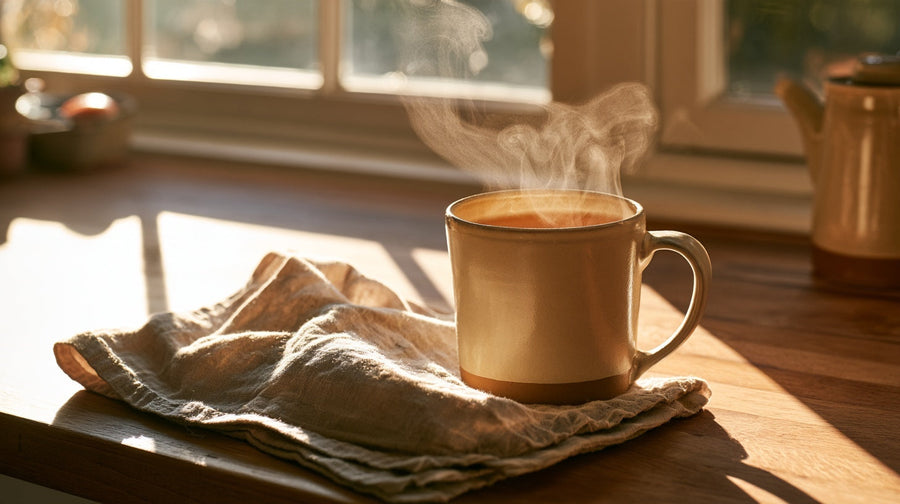 Steaming mug of tea in a sunlit kitchen, gut health and stress | Gutsi