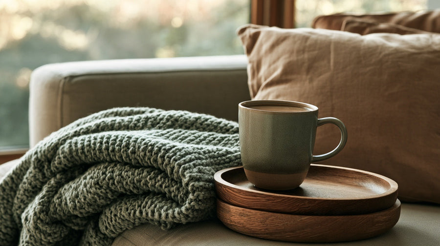 Cosy living room with warm mug, stress and digestion | Gutsi