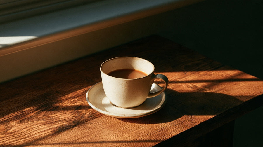 Cup of coffee by a bright window, cortisol belly fat and gut health | Gutsi
