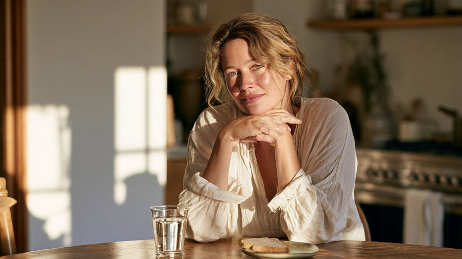 Woman sitting calmly at a kitchen table with water and toast, representing digestion changes on Mounjaro | Gutsi