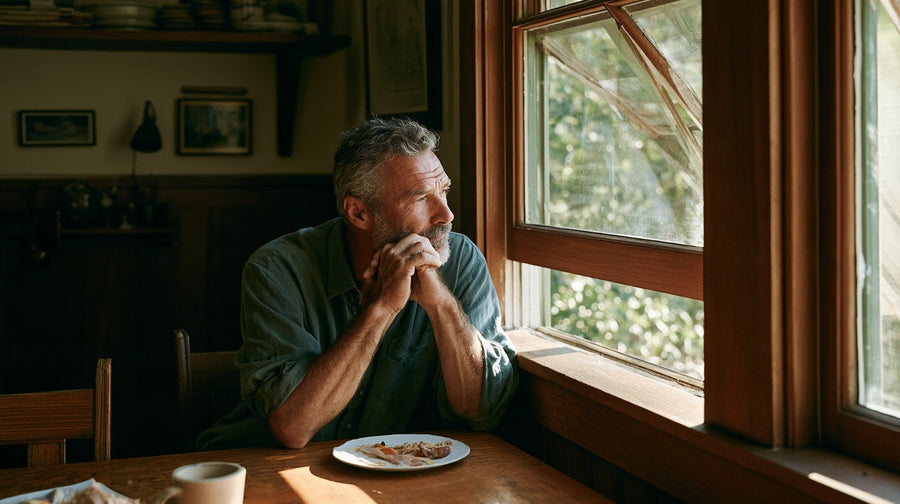 Man at a dining table with a modest plate of food, representing appetite change on GLP-1 medicines | Gutsi