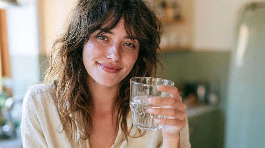 Woman in a bright kitchen holding a glass of water with a knowing smile, representing sulphur burps and gut health | Gutsi
