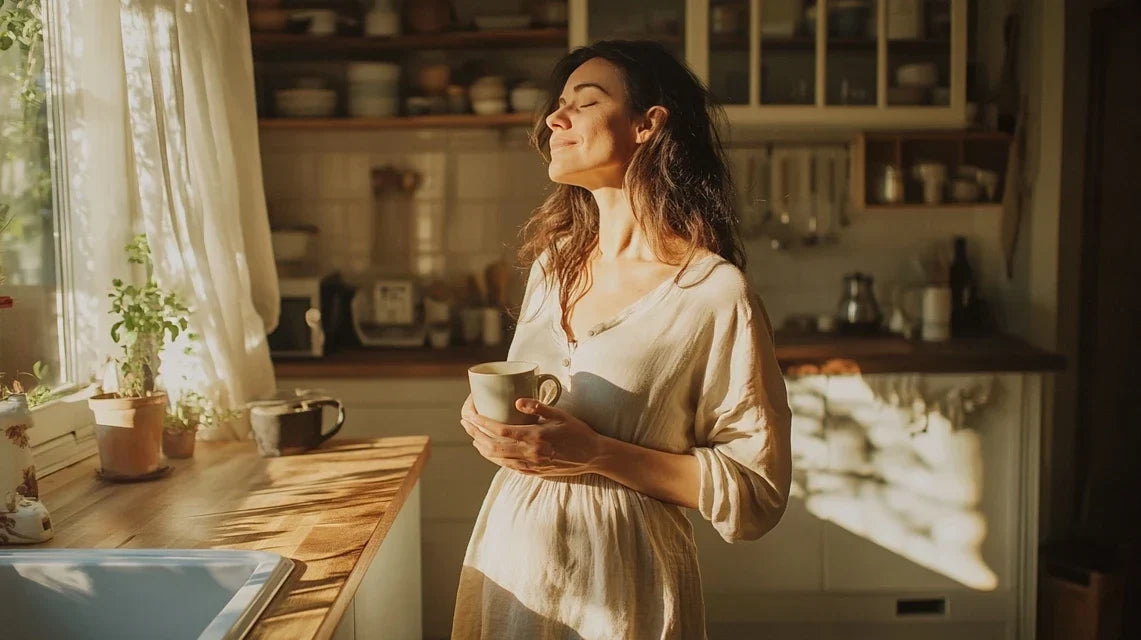 Woman sipping tea in a sunlit kitchen, anxiety stomach pain | Gutsi
