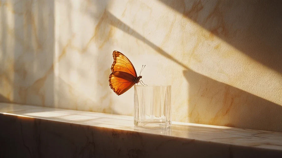 Orange butterfly perched on a glass in warm light, butterflies in stomach | Gutsi