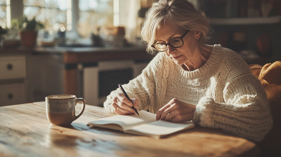 Woman in her early fifties writing notes at a kitchen table on an October morning, World Menopause Day | Gutsi