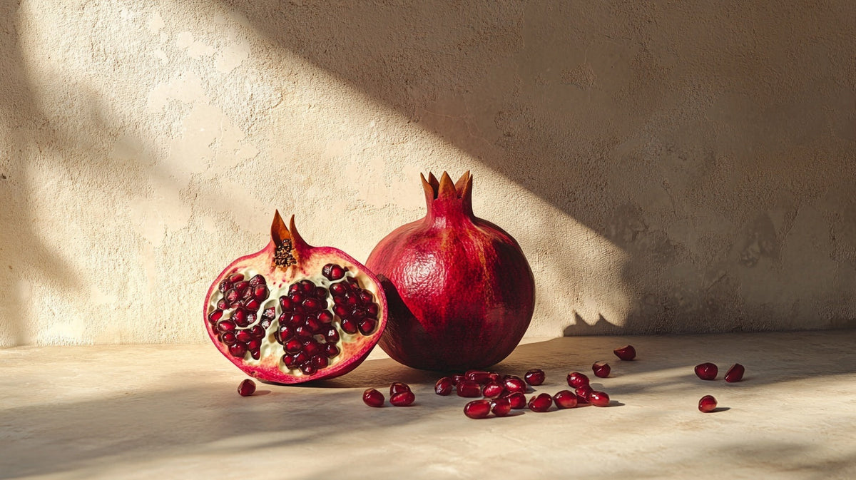 Split pomegranate with deep red seeds on cream stone, period poos and the menstrual cycle | Gutsi