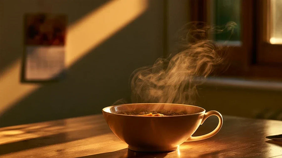 Steaming bowl on a sunlit autumn kitchen table with a calendar, autumn appetite change | Gutsi