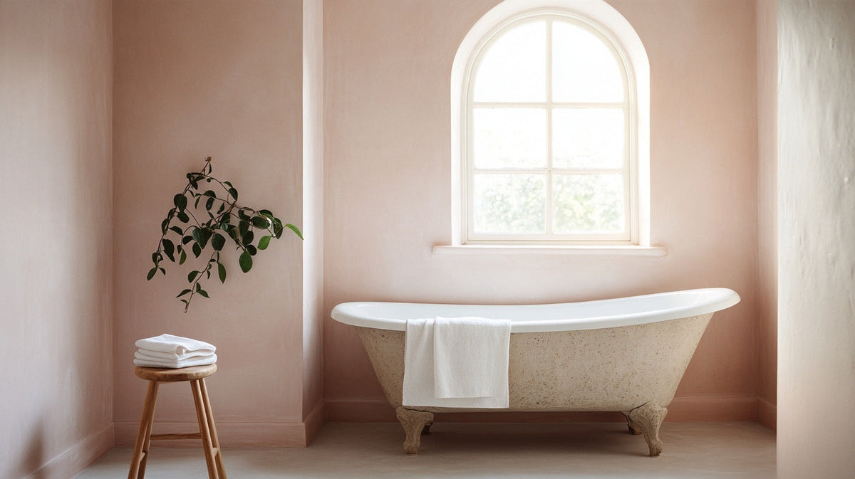 Minimalist plaster pink bathroom with a stone bath and morning sunlight, bathroom colour ideas | Gutsi
