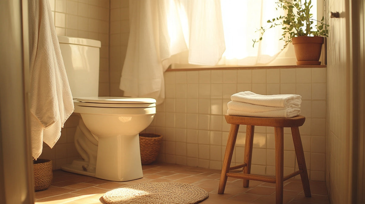 Sunlit bathroom with a white toilet and an oak footstool in front, best position to poop | Gutsi