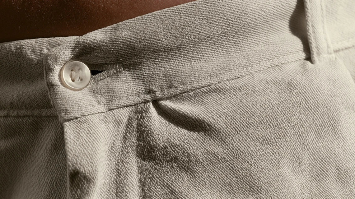 Close crop of a tight waistband button straining against fabric, bloating and gas discomfort | Gutsi