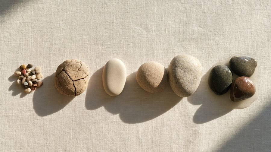 Seven smooth river stones in a row from hard pebbles to wet glossy stones, a visual take on the Bristol Stool Chart | Gutsi