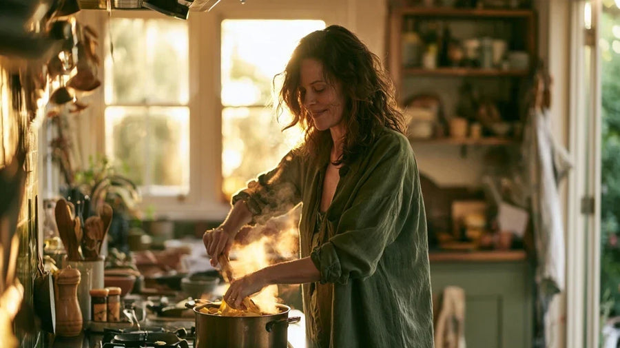 Woman cooking pasta at the stove in warm evening kitchen light, carb cravings gut-brain connection | Gutsi