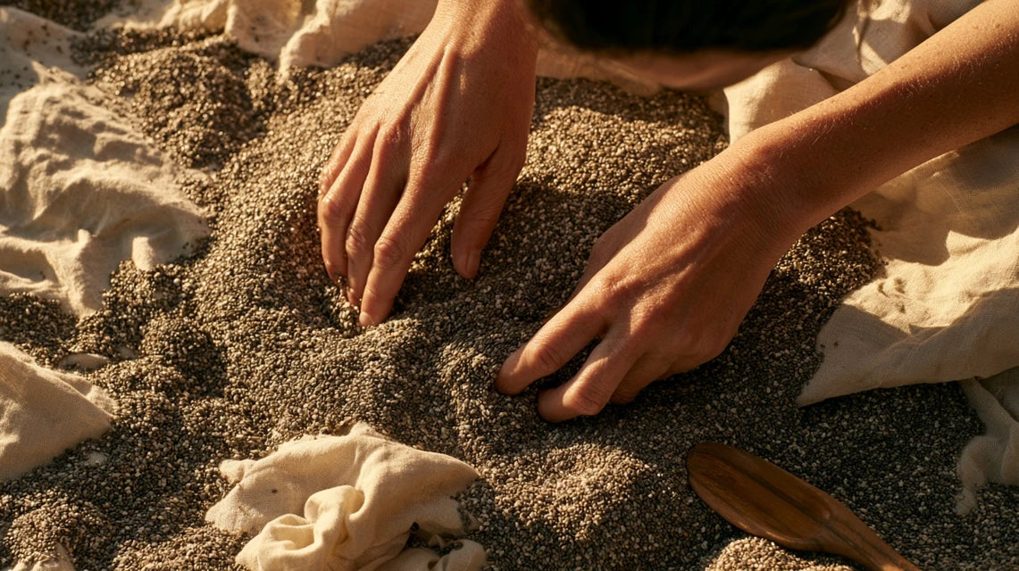 Hands running through a mound of chia seeds on linen, showing chia seeds benefits for gut health | Gutsi