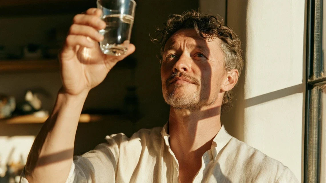 Man holding a glass of clear water up to the light, exploring what clear urine means | Gutsi