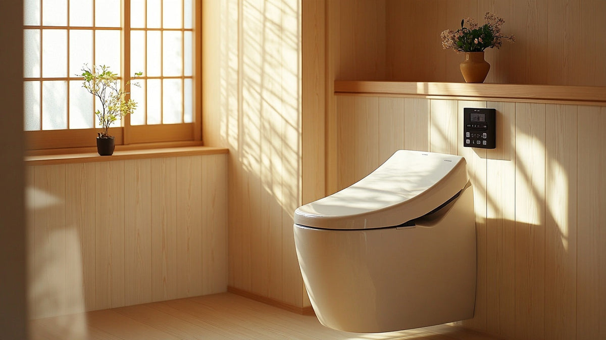 Japanese bidet toilet in a bright Kyoto style wooden bathroom, different types of toilets | Gutsi