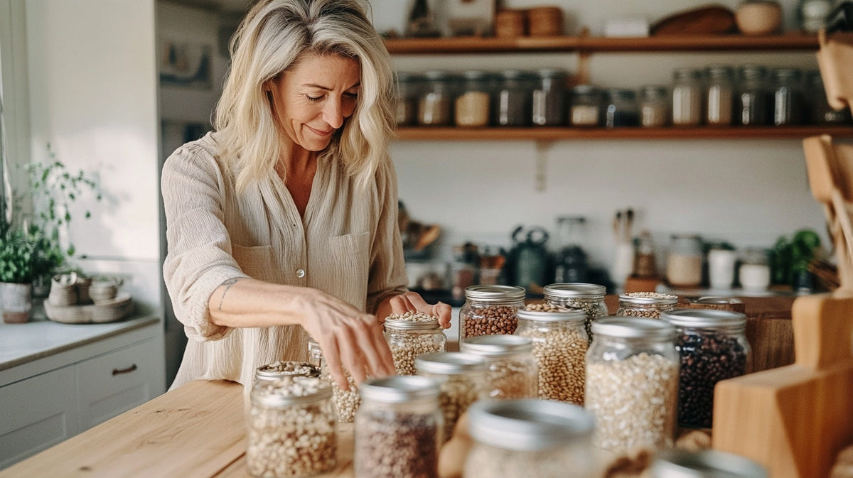Woman arranging small ceramic jars of oats, berries and seeds along a kitchen table, a tour of the digestive system | Gutsi