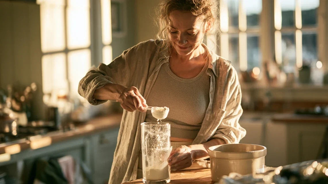 Woman stirring creatine powder into water in a sunlit kitchen, exploring creatine bloating | Gutsi