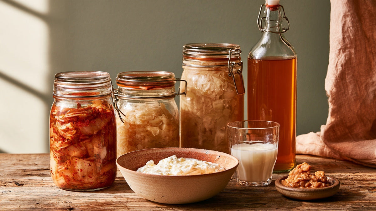 Jars of kimchi and sauerkraut with yoghurt, kefir and kombucha on a wooden table, representing fermented foods and gut health | Gutsi