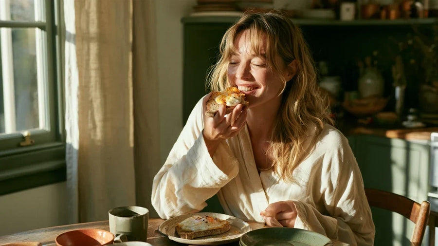 Woman eating breakfast with coffee at a sunlit kitchen table, representing the gastrocolic reflex | Gutsi
