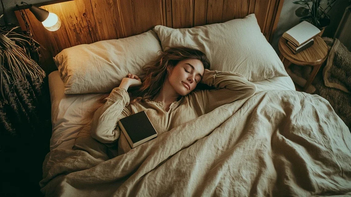 Woman asleep in linen bedding by lamplight, how eating late at night affects gut health | Gutsi