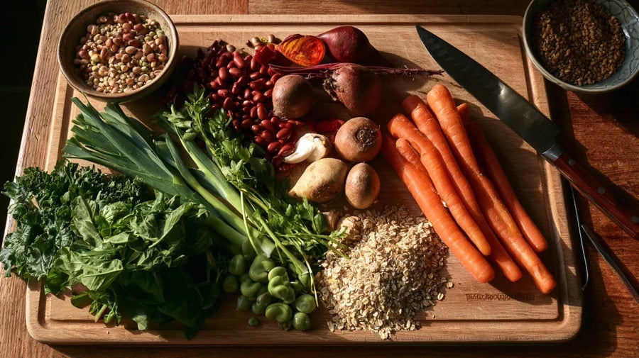 Raw vegetables, beans, oats and greens laid out on a chopping board for the gut health diet | Gutsi
