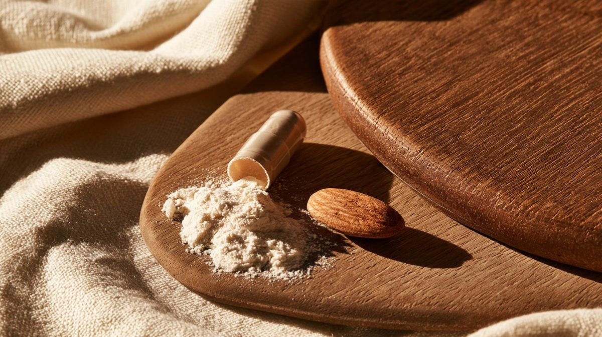 A supplement capsule broken open on a warm wooden board beside a whole almond, gut health supplements | Gutsi