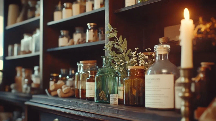 Vintage apothecary cabinet of glass bottles and herbs, gut myths like does coffee dehydrate you | Gutsi