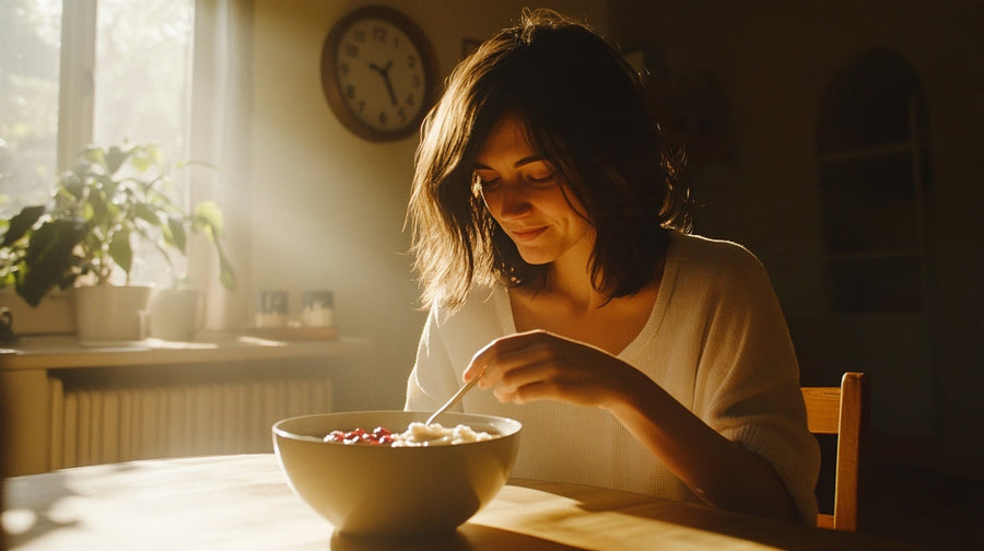 Woman eating porridge with berries at a sunlit kitchen table, how long food takes to digest | Gutsi