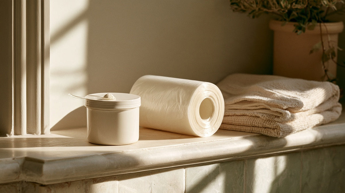 Plain specimen pot, cling film and folded towel on a bathroom shelf, representing how to do a stool sample at home | Gutsi