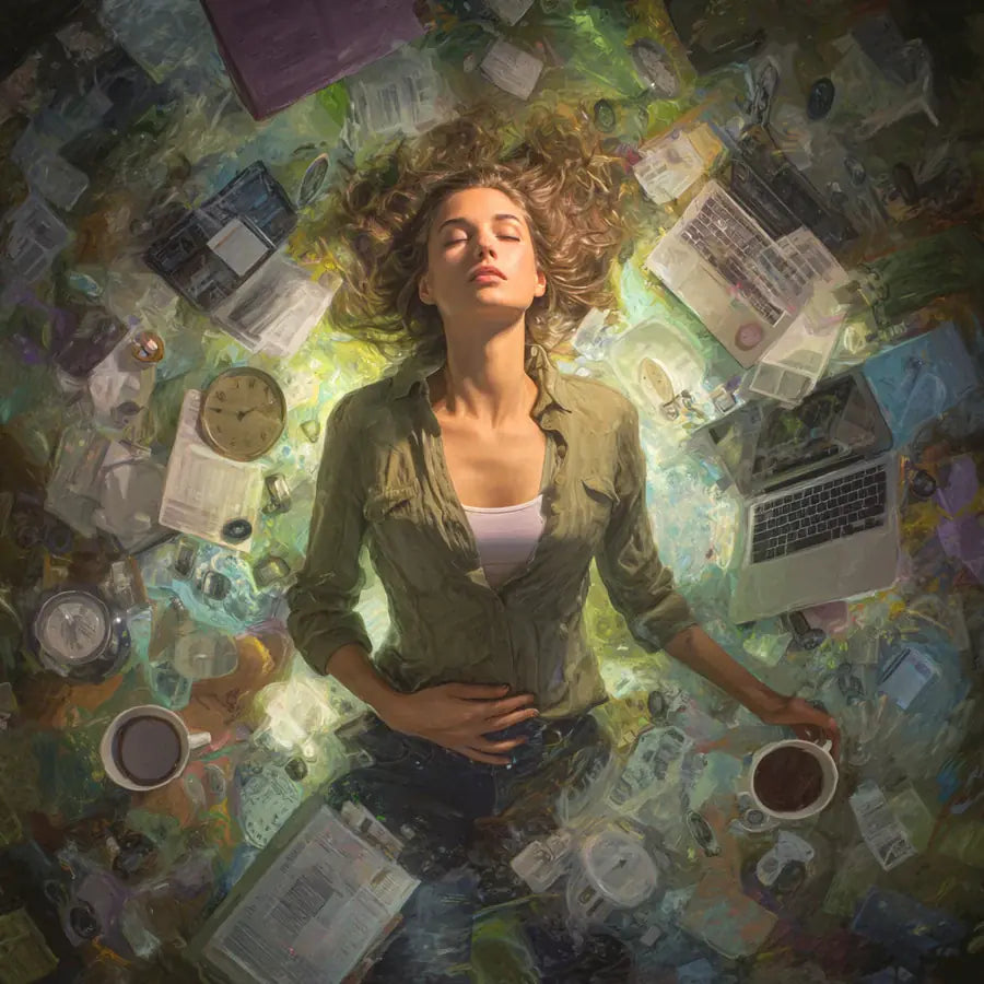 Busy working woman surrounded by clocks, laptops and coffee, and the gut cost of a packed day | Gutsi