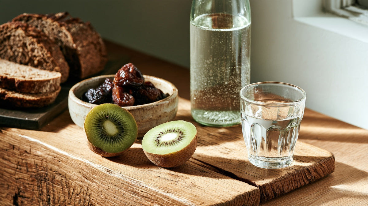 Kiwifruit, prunes, rye bread and mineral water on a wooden table, natural laxatives for gut health | Gutsi