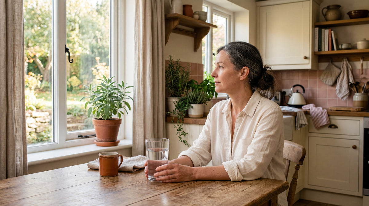 Glass of water next to fresh vegetables, representing the link between hydration and gut transit time