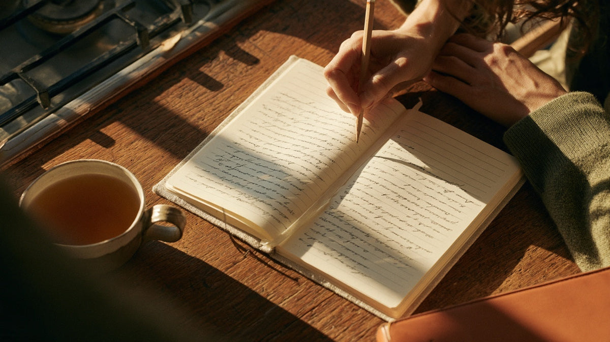 Open paper journal with handwritten notes and a cup of tea on a wooden table, representing a poo diary vs passive gut health tracking | Gutsi