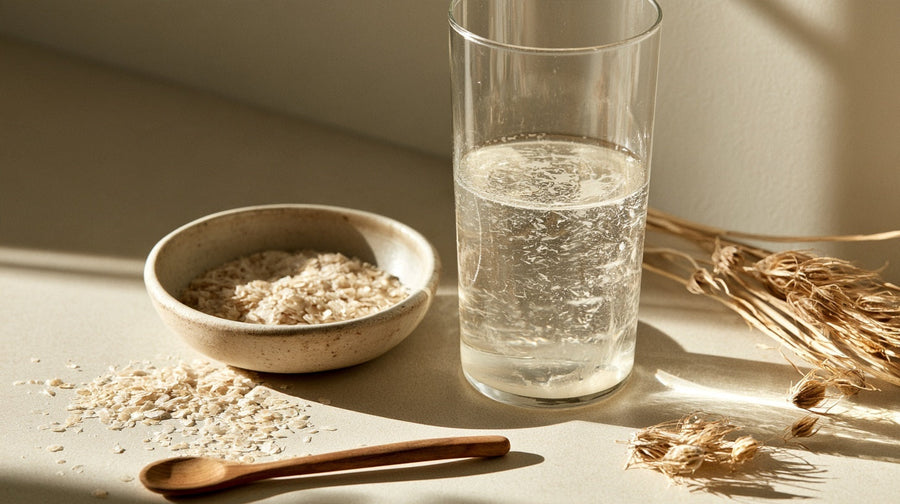 Glass of water with psyllium husk powder thickening into gel beside a bowl of husk flakes | Gutsi