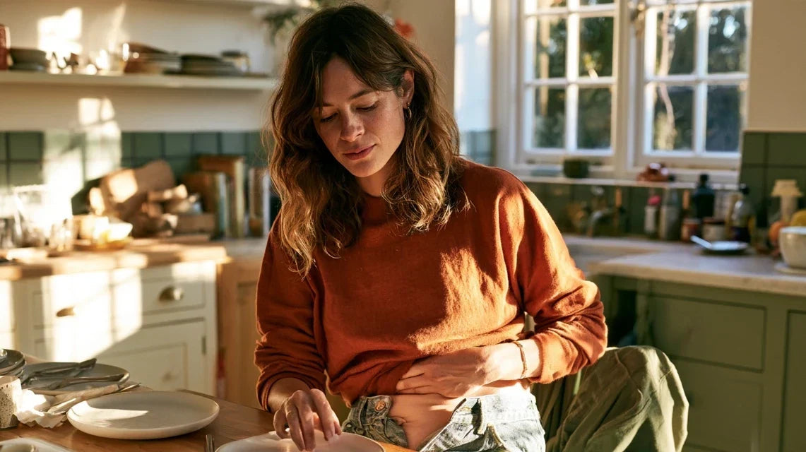 Woman resting a hand on her bloated stomach after lunch, representing SIBO symptoms | Gutsi