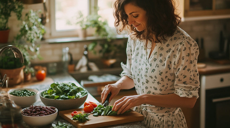 Woman chopping colourful vegetables on a wooden board, small intestine vs large intestine | Gutsi