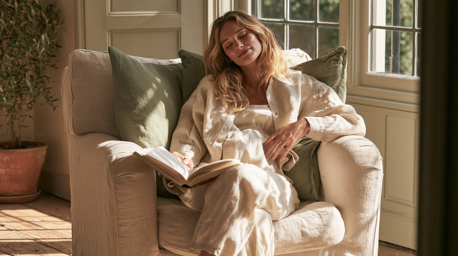 Woman in a sunlit armchair with a book, hand on her tummy as her stomach gurgles | Gutsi