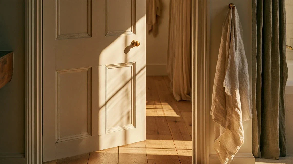 Bathroom door left ajar with warm morning light, representing private stool health questions | Gutsi