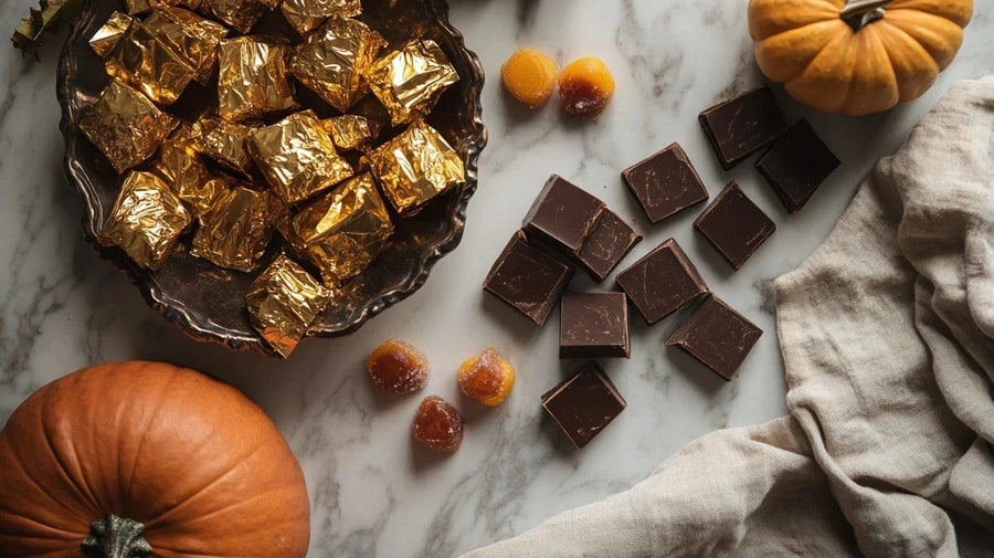 Halloween toffees, chocolate and boiled sweets on marble, does sugar cause bloating | Gutsi