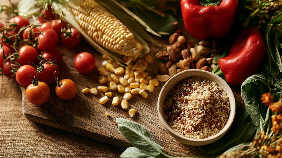 Sweetcorn, seeds, nuts, peppers and leafy greens on a wooden board, representing undigested food in stool | Gutsi